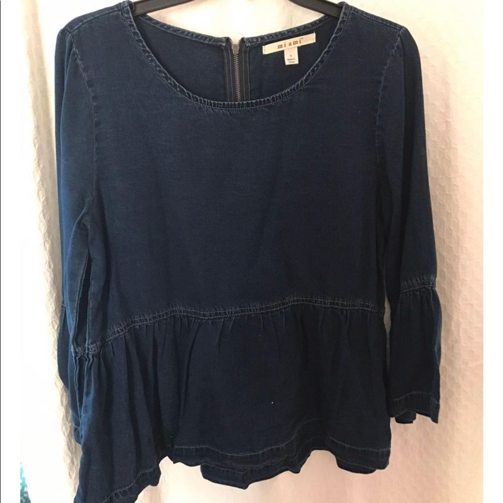 Francescas Denim Ruffle Bell Sleeve Top